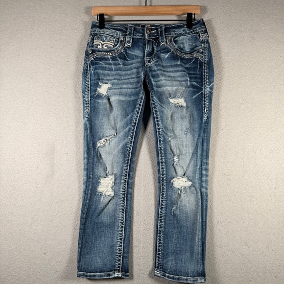 Rock Revival Denim - Rock Revival Darcey C204 Distressed Crop Jeans Medium Wash Sequin Size 26